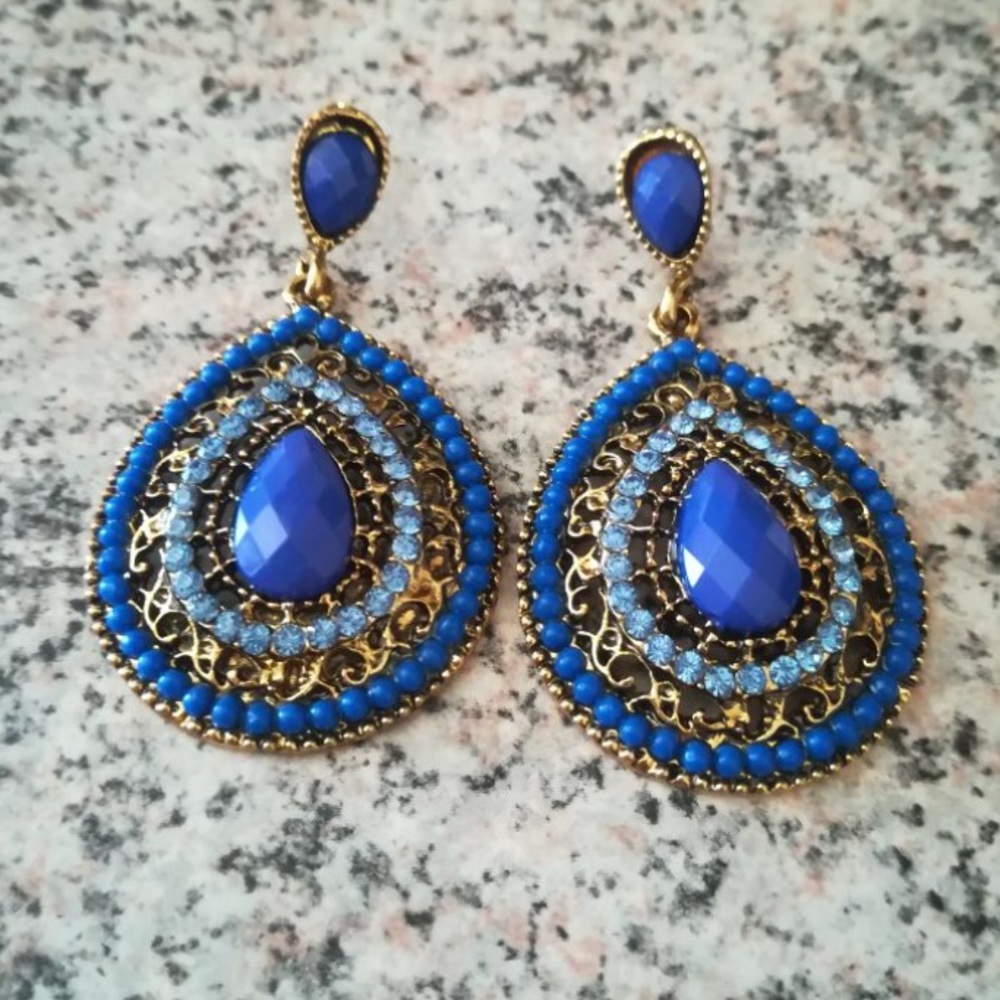 Vintage Antique Golden Blue Dangle Drop Earrings - Picture 3 of 3